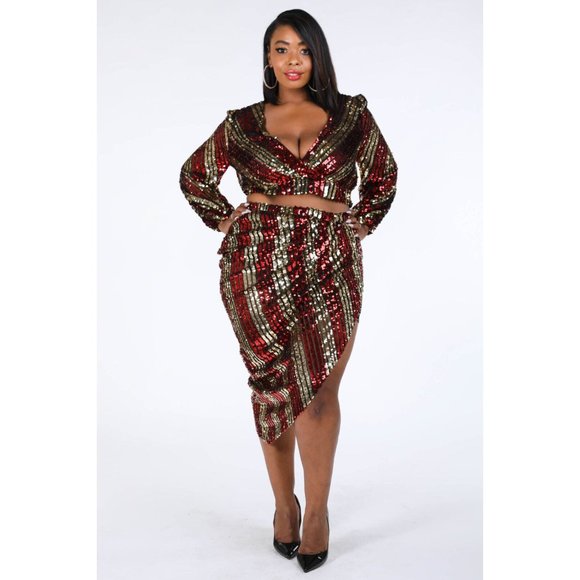 Boutique Tops - Women's Deep V-Neck Multicolor Casual Long Sleeve Stripe Sequin Two-Piece Sets